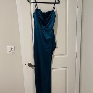 Windsor Blue Ruched Asymmetrical Gown for Wedding Guest